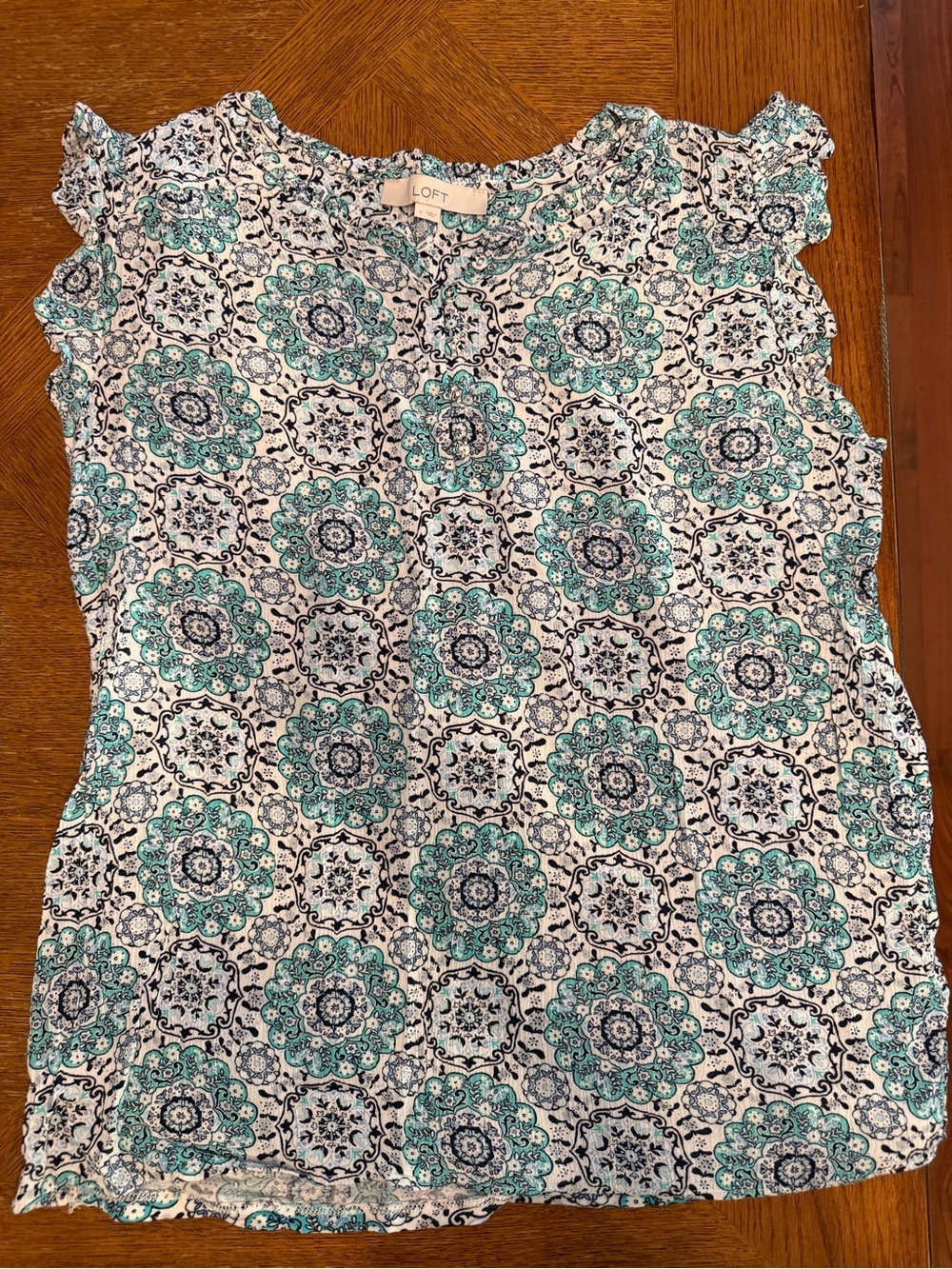 LOFT Teal and Navy Floral Medallion Ruffle Cap-Sleeve Blouse